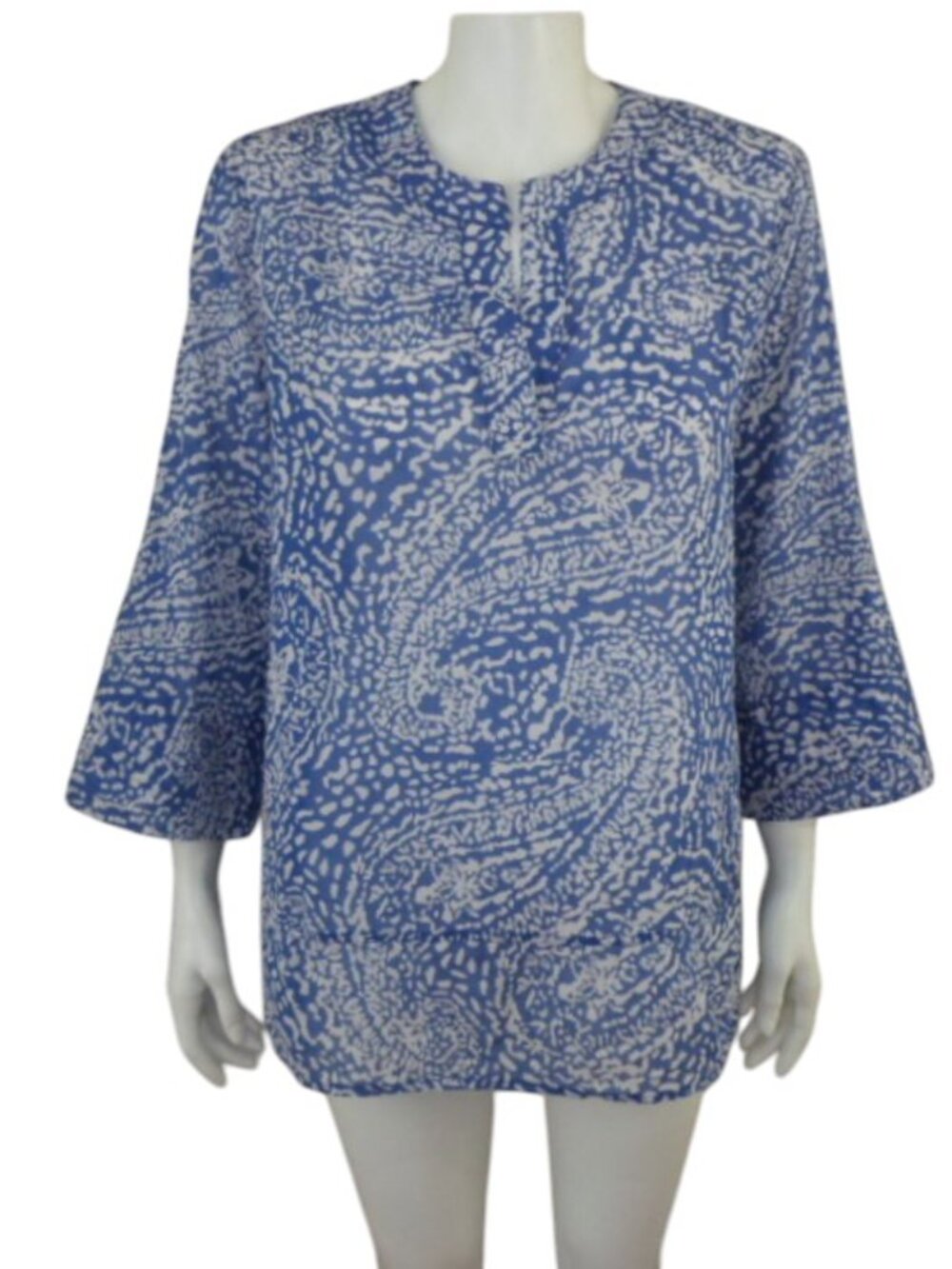 Finley Carley Blue White Paisley Roll Tab Sleeve Tunic Top